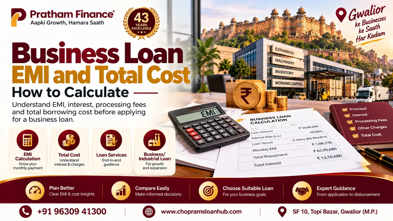 Business loan EMI and total cost calculation for business and industrial finance in Gwalior by Pratham Finance.