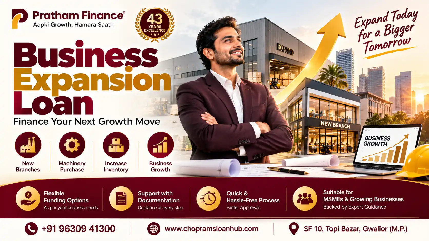 Business expansion loan for machinery, new branches and business growth by Pratham Finance, Gwalior.